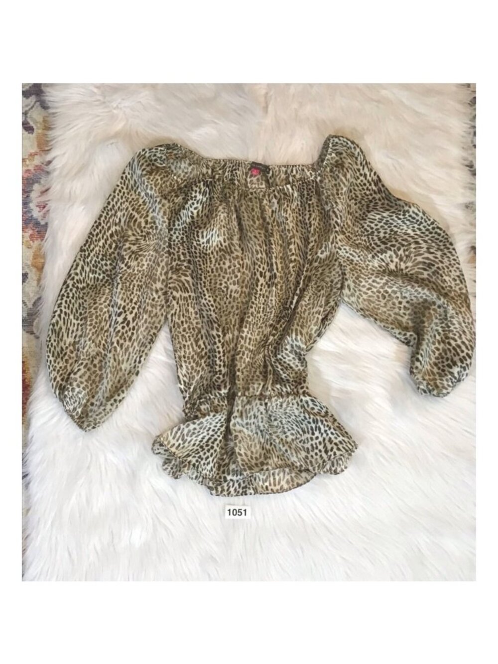 Vince Camuto Womens Casual Top Lg Brown Leopard 3/4 Sleeve Peasant Elastic Waist